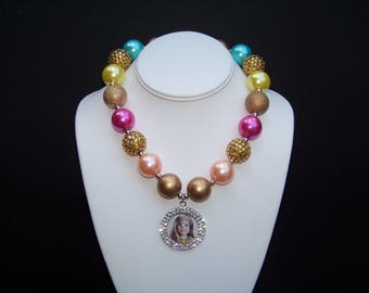 American Girl Doll Necklace / Julie / Pink + Gold + Rhinestones / Chunky Bubblegum / Photo Prop / Birthday / Pageant / Toddler / Girl
