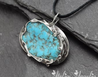 Turquoise pendant,Sterling silver necklace,Stone Pendant,Turquoise stone,Metalwork pendant,Women pendant,Turquoise necklace
