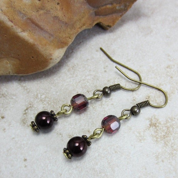 Boho Purple Earrings Purple and Brass Earrings Long Eggplant