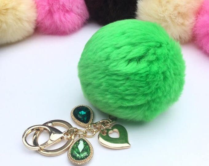Customer request inspired NEON GREEN fur pom pom keychain Rabbit real fur puff ball