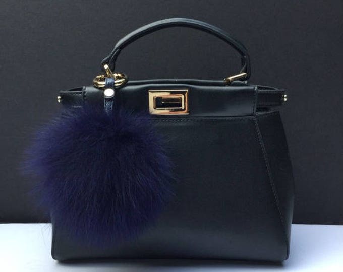 Fox Fur bag charm, fur pom pom keychain, fur ball keyring purse charm Navy