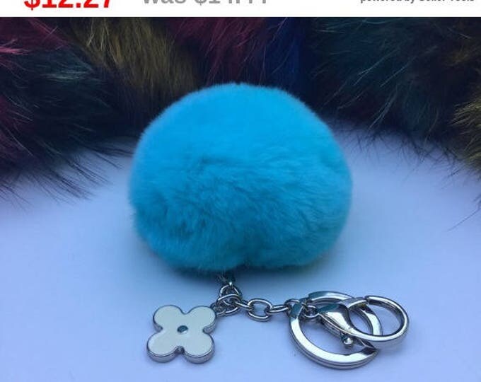 New! Summer Collection Aqua Blue fur pom pom keychain bag charm flower clover keyring