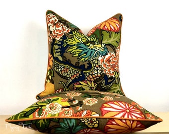 Mocha Chiang Mai Dragon Pillow cover - Same Fabric BOTH SIDES - Piped Finish - Customize - Schumacher Designer Fabric