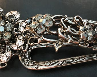 New Antique Silver With Smoke Gray And Iridescenr Floral Crystal 4 1/2'' Alligator Claw Clip