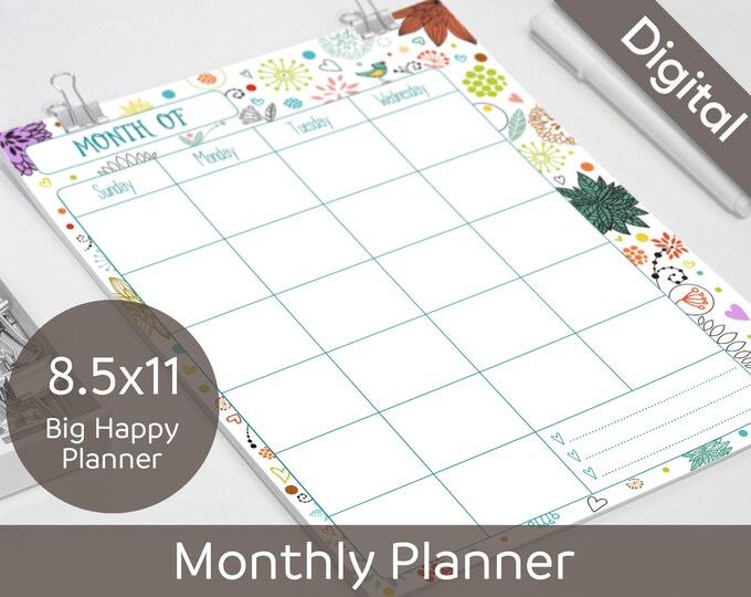 8.5x11 Monthly Planner Printable, 2 Page Undated Monthly, Letter size, Syasia Cute Floral Day Organizer, DIY Planner PDF Instant Download