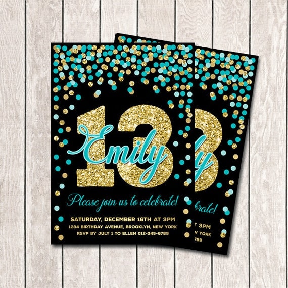 13th birthday invitation printable teal and gold confetti
