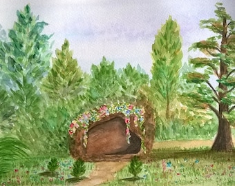 Watercolor landscape "Cave"