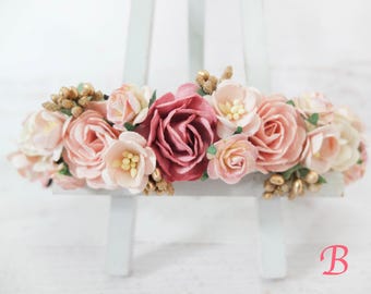 Dark dusty rose blush pink ivory and gold flower crown - wedding floral hair wreath - flower's girl headpiece - hair accessories - halo