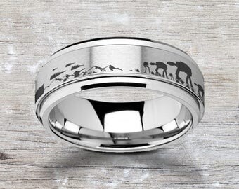 Laser Engraved Fidget Spinner Ring Star Wars Hoth Battle Scene Snow Satin & Polished Edges - 8mm Available - Lifetime Size Exchanges