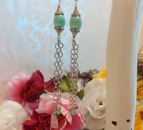 Earrings Greenish Blue Pierced One of a Kind Handmade Modern