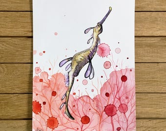 Seahorse and Coral reef, Original Watercolor Ilustration, A5 size