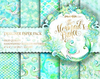 Mermaid Digital Paper Watercolor Sea Backgrounds Handpainted Underwater Starfish Seahorse Teal Emerald Seamless Pattern Summer Printable DIY