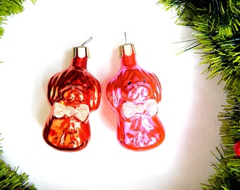 Puppy Soviet Ornament Set Of 2 Christmas Ornament Puppy Orange Pink Christmas Decor Shiny Colors Blown Glass Mercury Glass Dog Figurine Gift