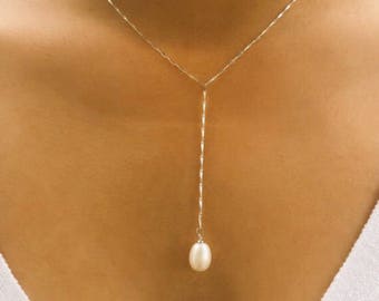 Pearl Y Lariat Necklace / Silver Lariat