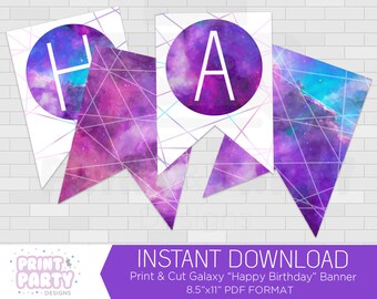 Printable Galaxy Happy Birthday Banner, Galaxy Birthday Party, Teen Galaxy Birthday Party, Outer Space Birthday, Instant Download
