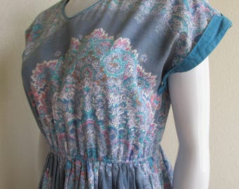 vintage 1980s paisley blue silver sparkle summer dress- small