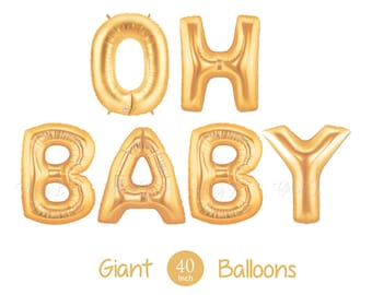Giant OH BABY Balloons - 40" Inch Gold Mylar Balloons in Letters O-H-B-A-B-Y - Metallic Gold - Baby Shower Balloons, Baby Shower Decor