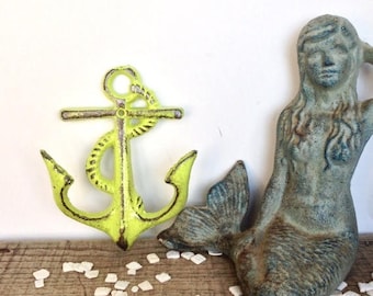 ON SALE Lime Green Anchor Hooks - Nautical Decor - Bathroom Wall Art - Necklace Holder - Lime Green Decor - Beach Decor - Wall Necklace Hol