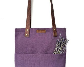 Tote Bag with Embossed Leather Handles - Royal Purple