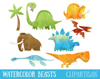 Watercolor Dinosaur Clipart / Prehistoric Animal Clip Art / T Rex / Diplodocus / Stegosaurus / Pterodactyl / Triceratops / Mammoth