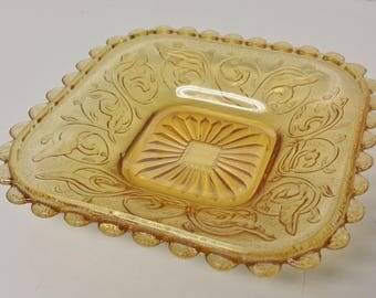 Amber Coloured Depression Glass Square Candy / Lolly Dish Scalloped Edge.