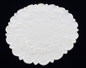 Round Doily. Scones Basket Doily. Vintage Linen Doily. Vintage White on White Hand Embroidered Linen Doily with Scalloped Edge. RBT2248