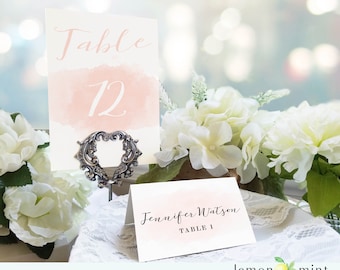 Calligraphy pink watercolor place card, calligraphy table number, watercolor place setting card, pink table sign, elegant place card LM003