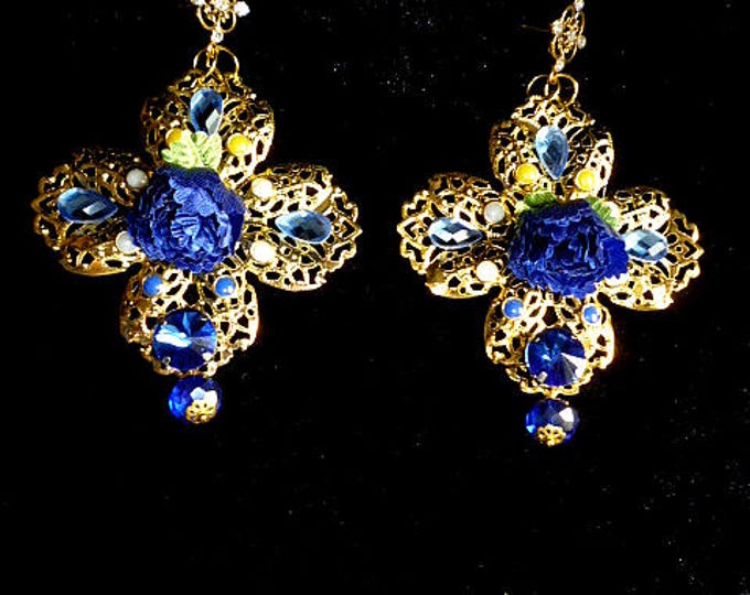 Gold Dark Blue Swarovski Flower Earrings Drop Dangle Chandelier Long Boho-Chic Pendants Wholesale Exotic Birthday earrings party celebration