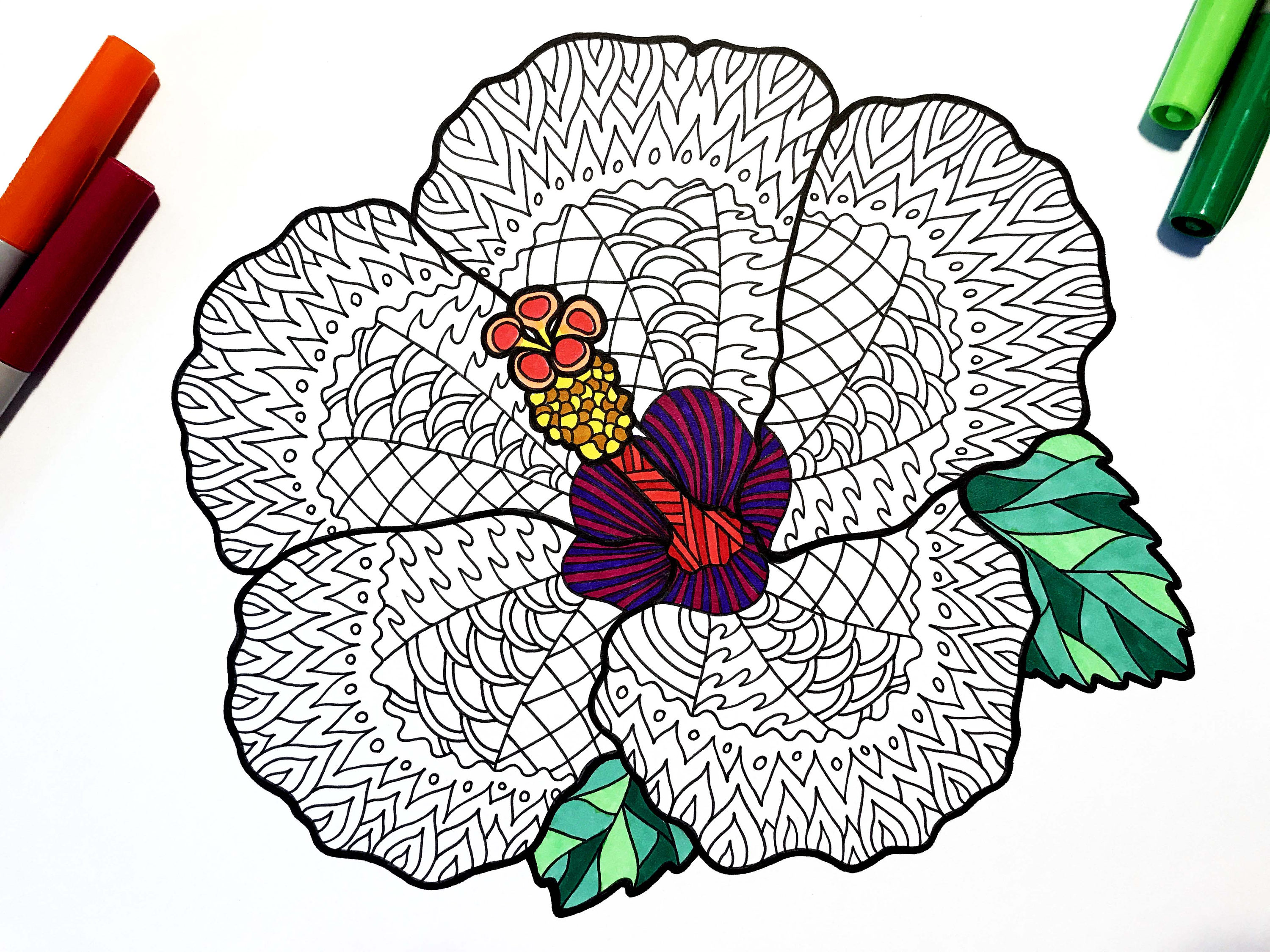 Download Hibiscus PDF Zentangle Coloring Page