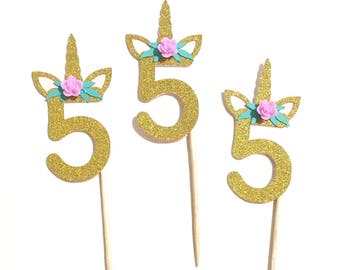 10 pc CHOOSE AGE NUMBER Flowers Unicorn Horn Ear Gold Glitter Cupcake Topper for Birthday Baby Boy Girl Whimsical Theme