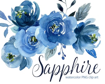 Watercolor flower clipart: indigo blue roses flowers, Aquarelle Digital Clip Art, navy sapphire watercolour boho floral peony png clipart