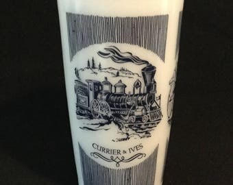 Vintage Currier & Ives Summertime Steam Traveler Milk Glass Cup