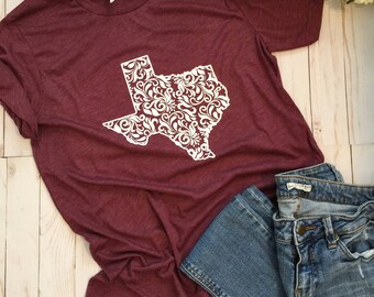 Texas Shirt/Texas Floral Shirt/Texas Design/Womens Texas Shirt/ ladies Texas Shirt/Texas/Texas Tee/Maroon Tee