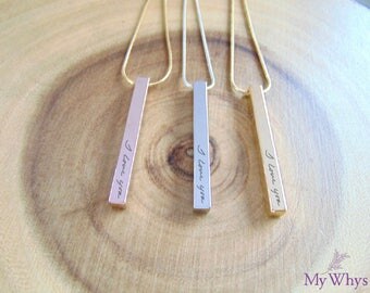Custom handwriting necklace, 4 side Vertical engraved bar necklace, actual handwritten pendant, unisex 16k gold/silver/rose gold necklace.