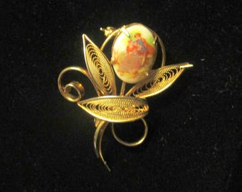 Vintage Goldtone Brooch with Porcelain painting