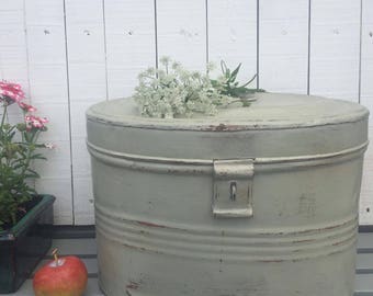 Vintage Large Victorian painted metal hat box tin/side table/storage/toy box