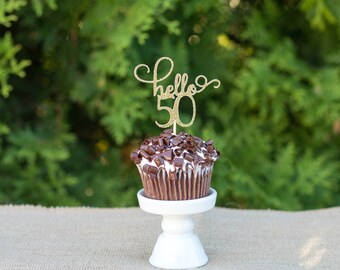 hello 50 cupcake topper, happy 50th cupcake topper, happy birthday, gold glitter topper, fiftieth birthday topper, birthday cupcake topper