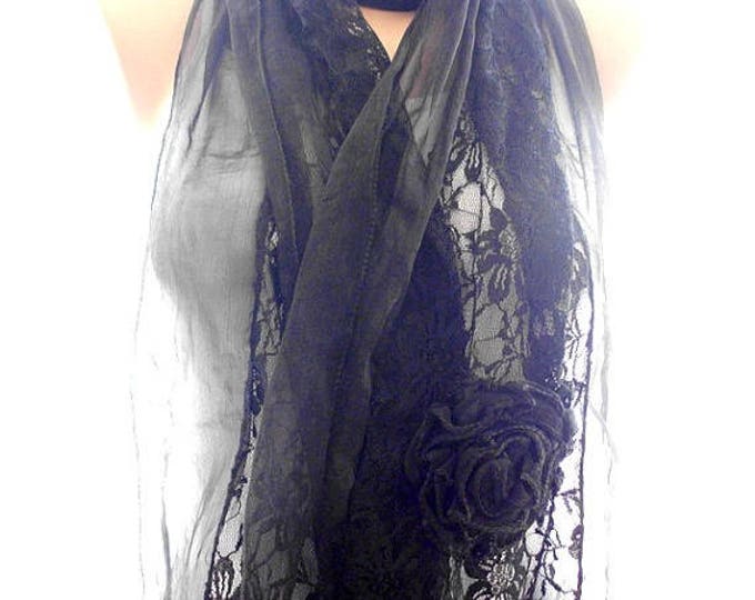 Lace scarf, black lace scarf,scarves for women, soft scarf, cozy scarf, trendy scarf