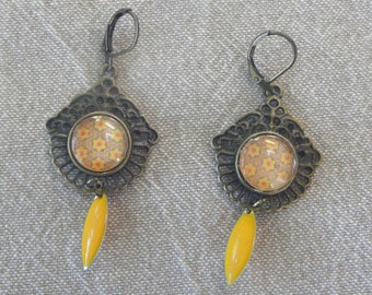 Boucles d'oreille dentelle "Mosaïque jaune"