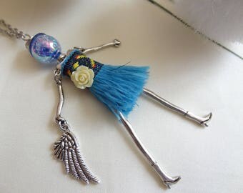 Silver metal hinged blue dress strapless doll necklace