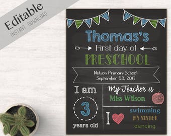 First Day of School Chalkboard Print, Editable Text, DIY, Art Print, Chalkboard Sign, Kindergarten, Grade School, INSTANT DOWNLOAD