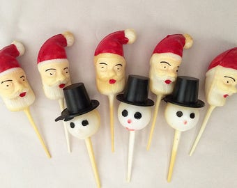 Vintage Christmas Santa CUPCAKE PICS or CAKE Toppers, 1960s Hard Plastic Santa Head Snowman Pics, Vintage Christmas Baking, Set of 8 - Fun!