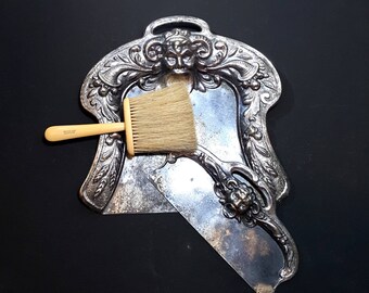 Silent BUTLERS CRUMB TRAY Set Ornate Silver & Bakelite French Ivory Shabby Victorian Crumb Set and Broom Vintage Novelty Gift Idea