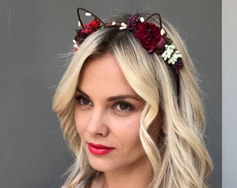 Cat ears head band Cat ear headband floral cat ears bridesmaid flower crown bachelorette crown birthday crown adult flower cat ears headband