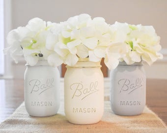 Painted Mason Jars- Mason Jars- Mason Jar Table Decor- Farmhouse Style- Rustic Home Decor- Mason Jar Decor- Rustic Wedding Decor-Table Decor