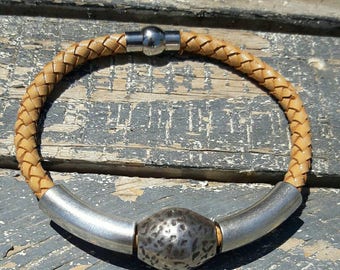 Braided Leather cuff sterling silver plated bracelet, Naturel color leather cuff