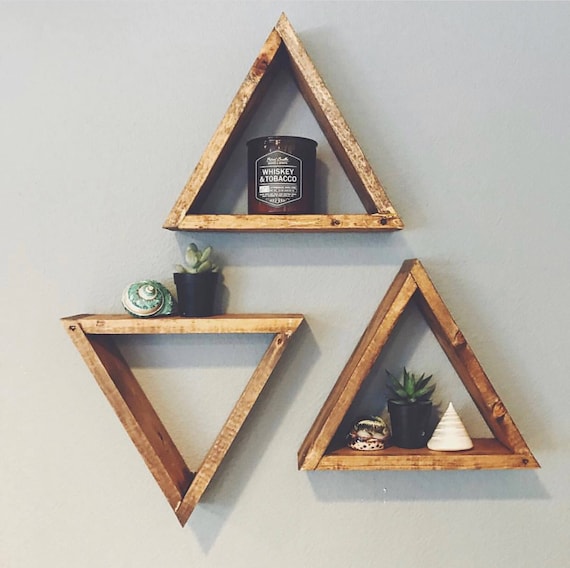 Set Of 3 Wood Triangle Shelf Geometric Wall Shelf Boho Wall on What To Put On Decorative Wall Sconces Shelves id=26735