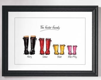Wellies Print, Wellington Boot, Print, Wall Art Print, Family Gift, Personalised Family Print, Custom Friend Art, Personalised Gift, Art