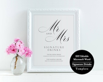Printable Wedding Signature Cocktail Sign, Wedding Signature Drinks Sign, Instant Download, Editable Text, Template, Digital, MSW78