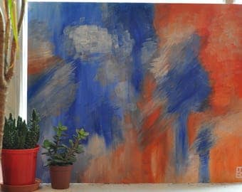 Abstract Art - Kitchen Art - Living Room Art - Canvas - Orange and Blue Painting - Birthday Gift - Original Art - One of a Kind